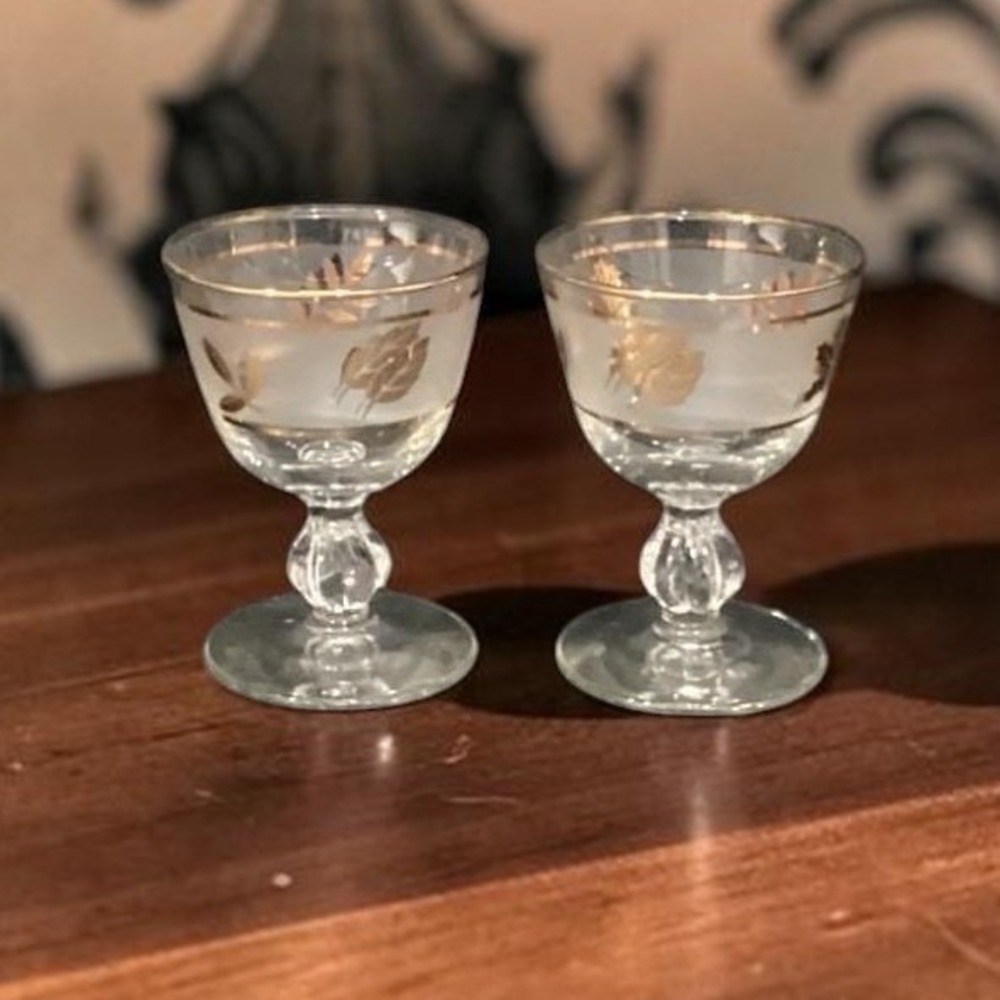 Libbey Golden Foliage Frosted Sherry‎ Glasses, Set of 2, Vintage Stemware